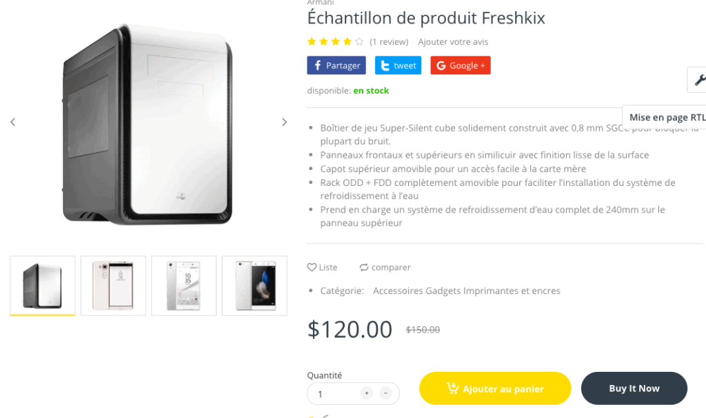 La page de produit du thème fait résolument technologique